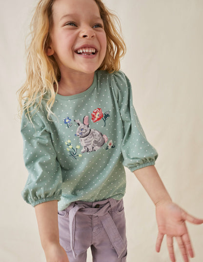 Appliqué Sleeve Detail Top-Green Smoke-1