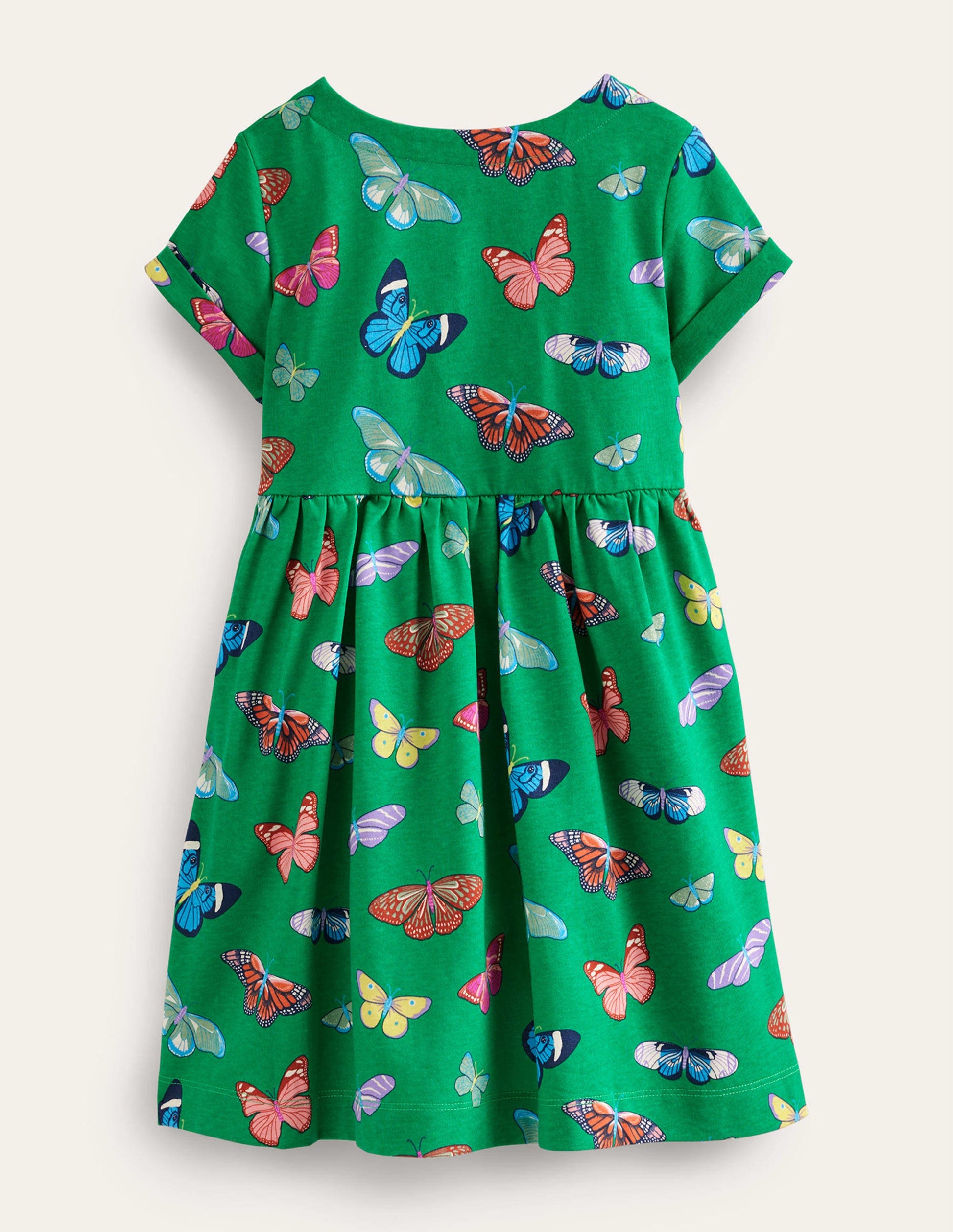 Short-sleeved Fun Jersey Dress-Meadow Green Butterflies-2