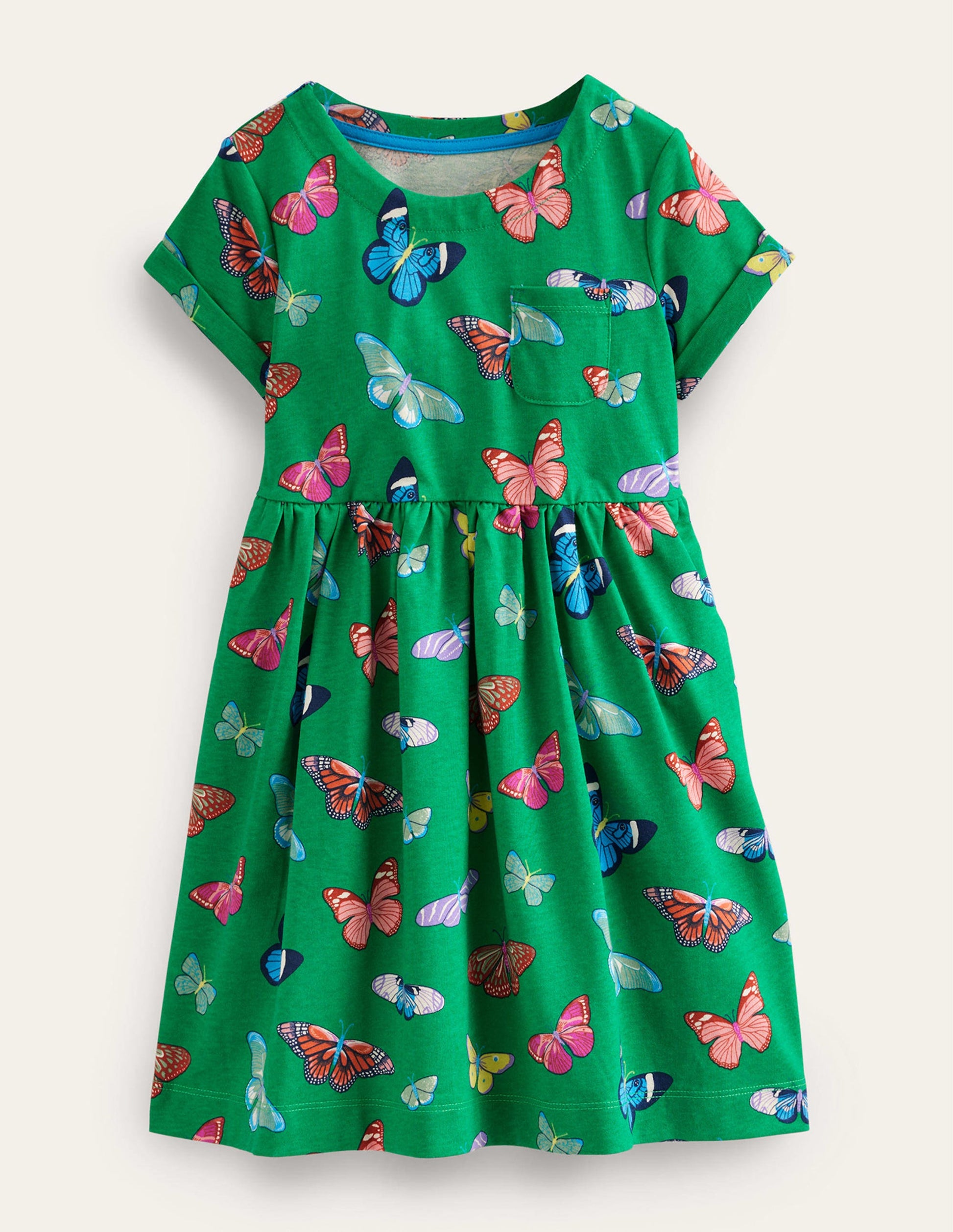 Short-sleeved Fun Jersey Dress-Meadow Green Butterflies-1
