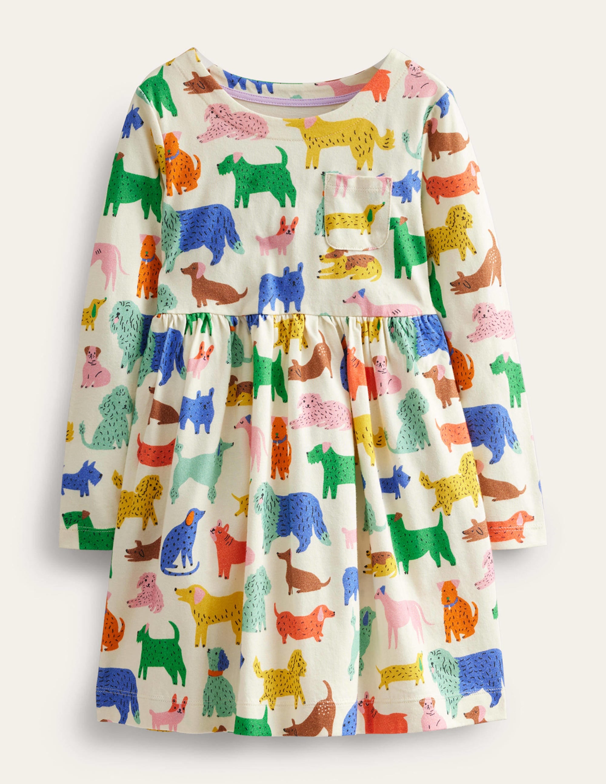 Long Sleeve Fun Jersey Dress-Ivory Playful Pups - Image 1