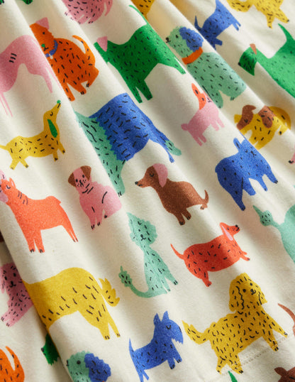 Long Sleeve Fun Jersey Dress-Ivory Playful Pups-3