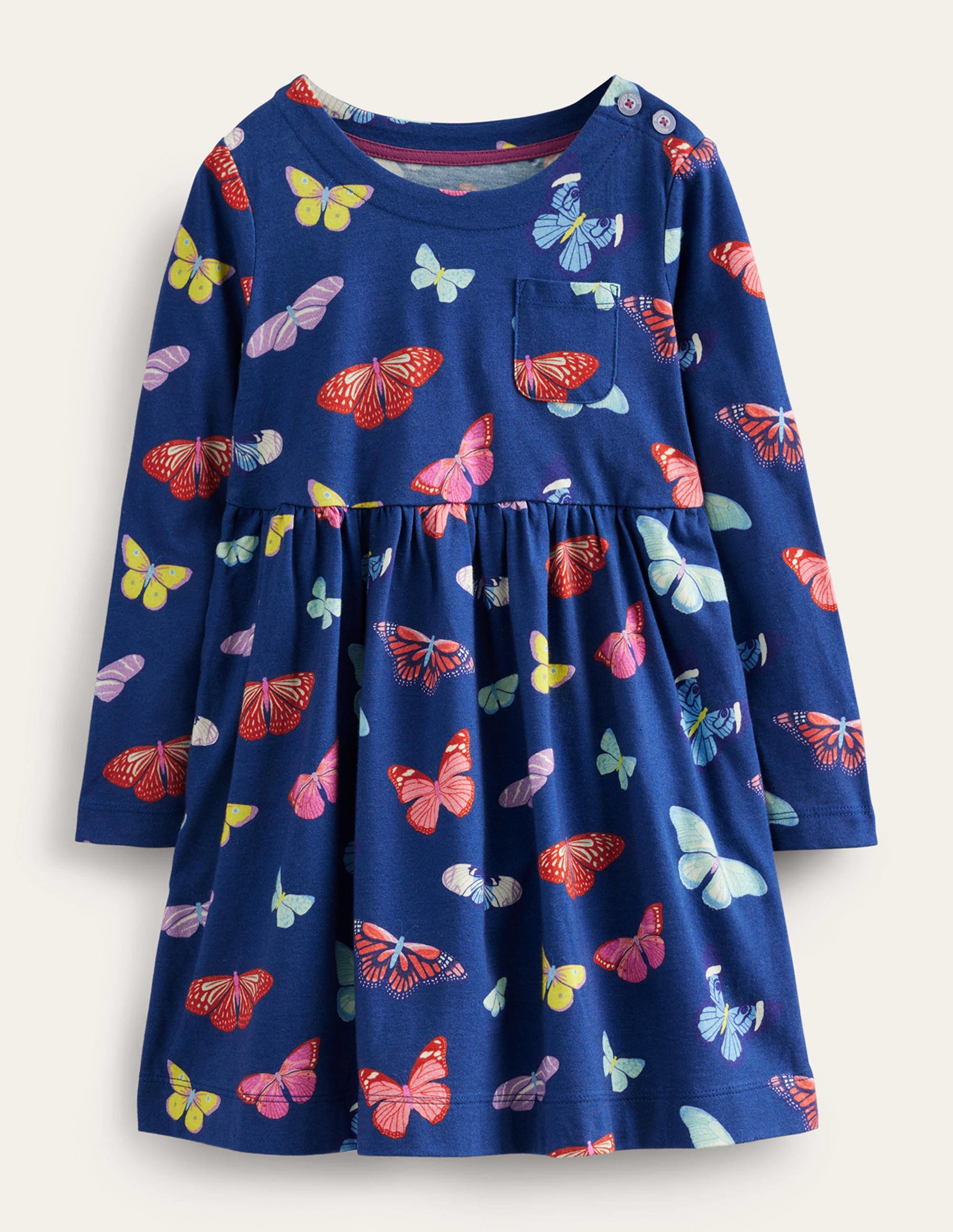 Long Sleeve Fun Jersey Dress-College Navy Butterflies - Image 1