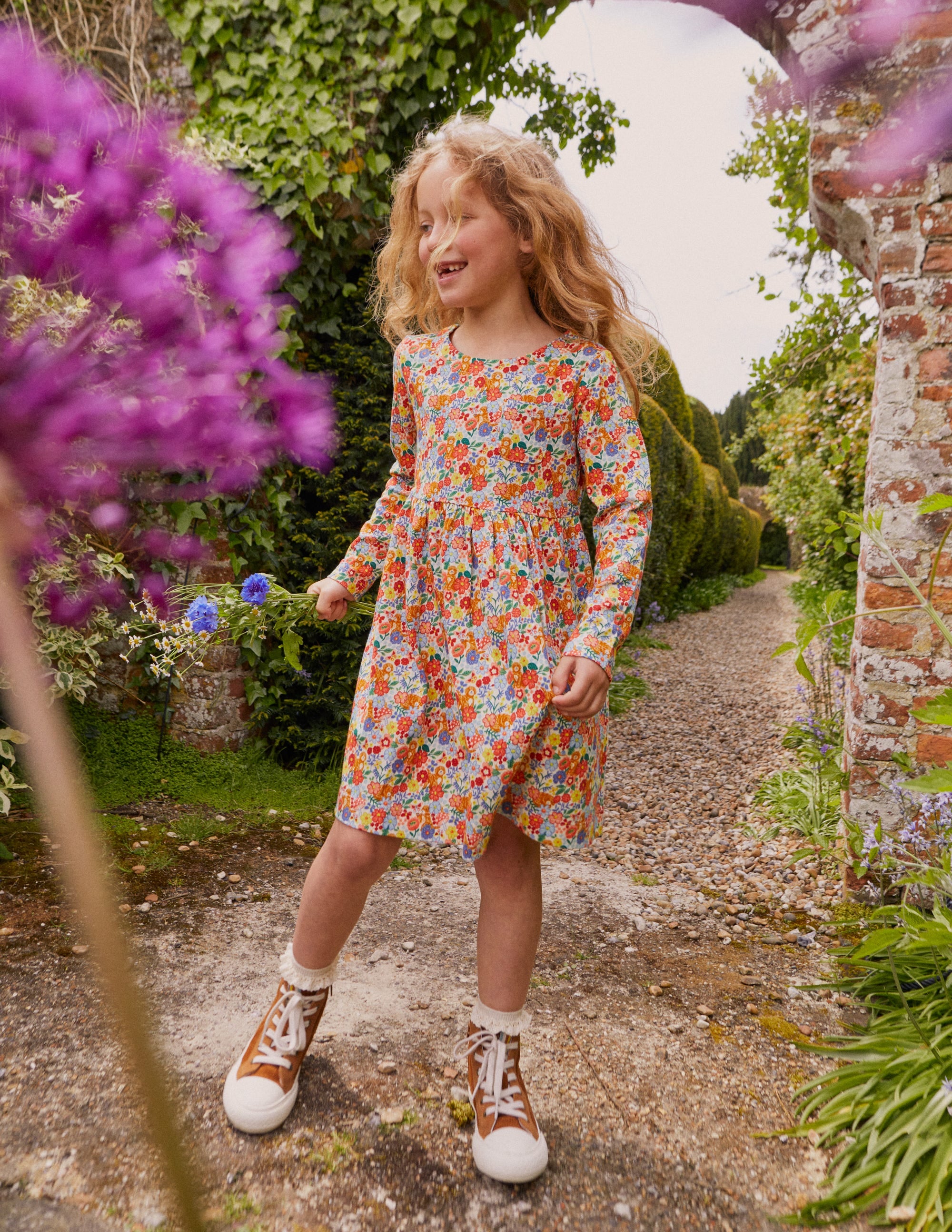 Long Sleeve Fun Jersey Dress-Multi Pups Floral - Image 4