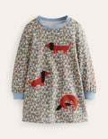 Appliqué Sweatshirt Dress-Pebble Blue Flower Dog