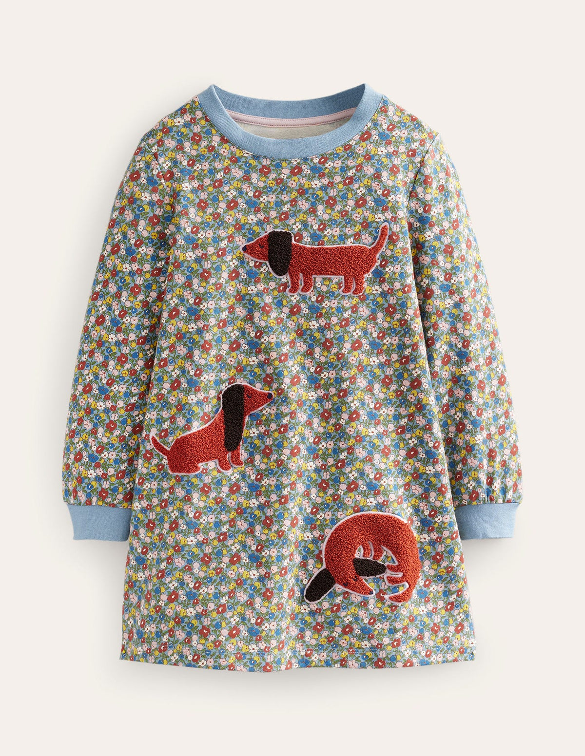 Appliqué Sweatshirt Dress-Pebble Blue Flower Dog - Image 1