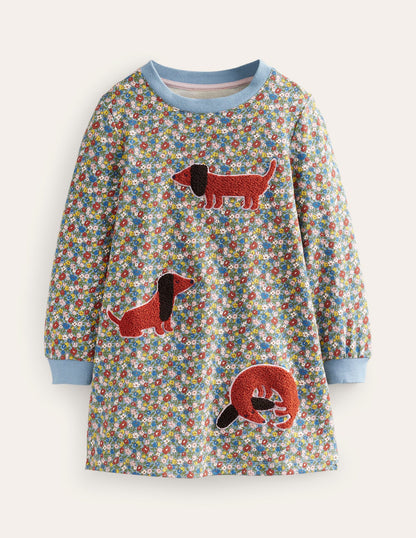 Appliqué Sweatshirt Dress-Pebble Blue Flower Dog-3