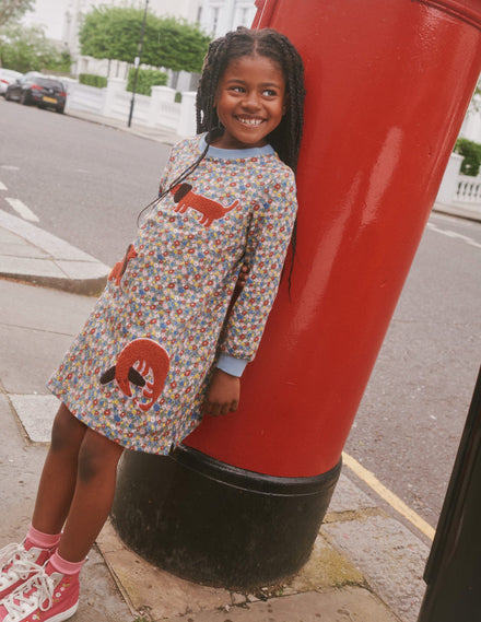 Appliqué Sweatshirt Dress-Pebble Blue Flower Dog