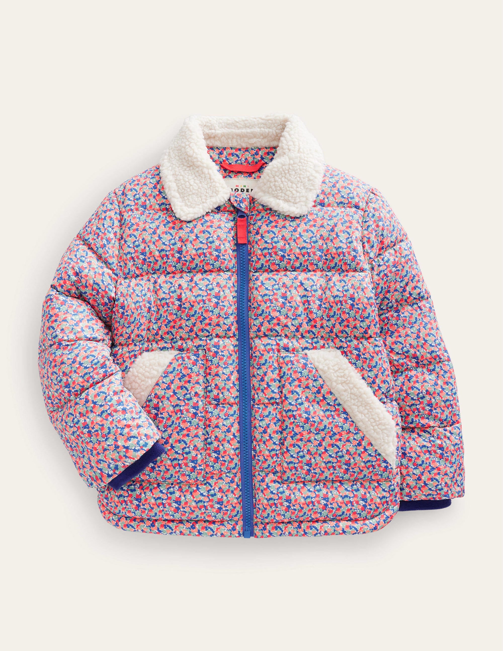 Borg Detail Padded Jacket-Jam Red Micro Floral - Image 1