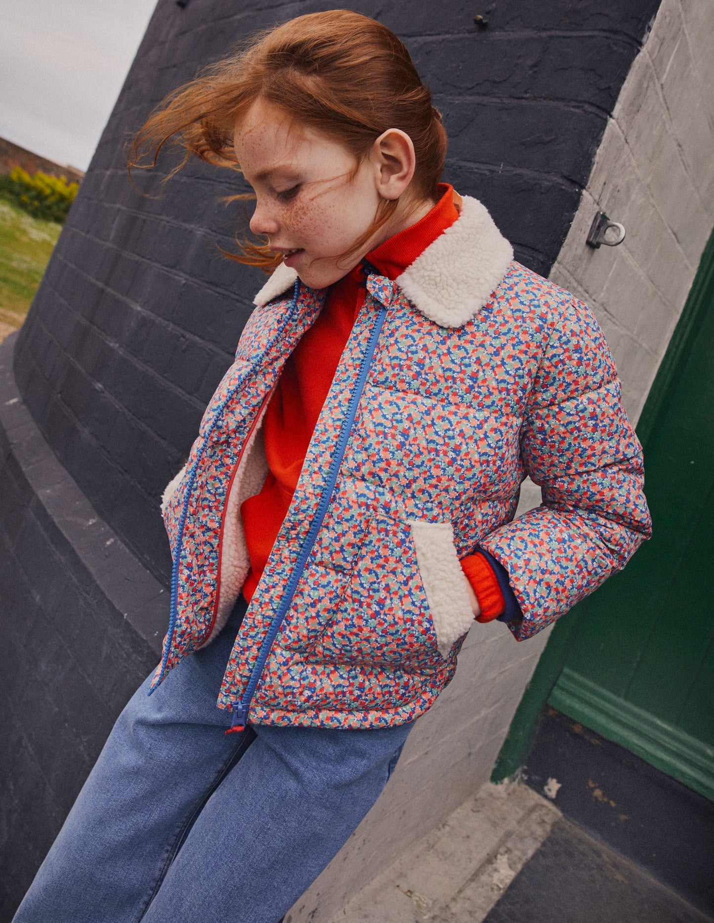 Borg Detail Padded Jacket-Jam Red Micro Floral