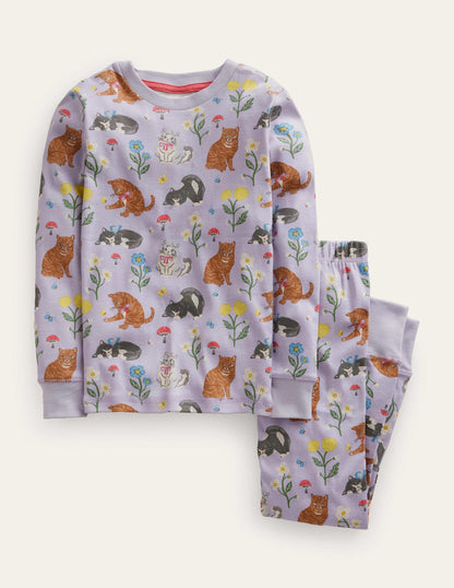 Snug Long John Pyjamas-Light Purple Cats-1