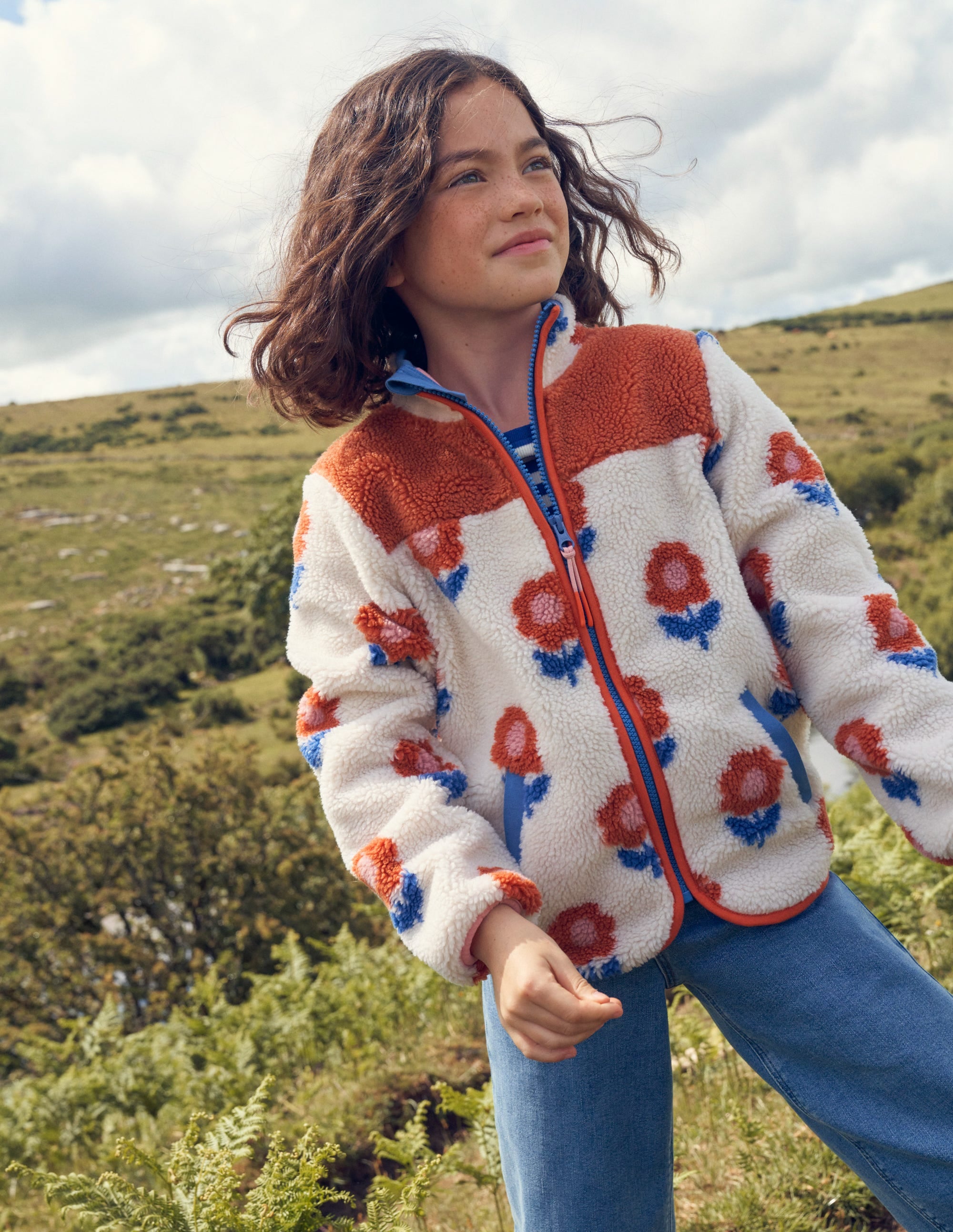 Zip Through Printed Fleece-Oatmeal Flower - Image 4
