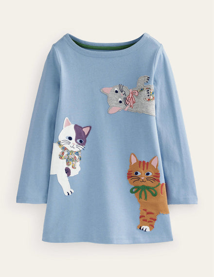 Appliqué Jersey Tunic-Pebble Blue Cats