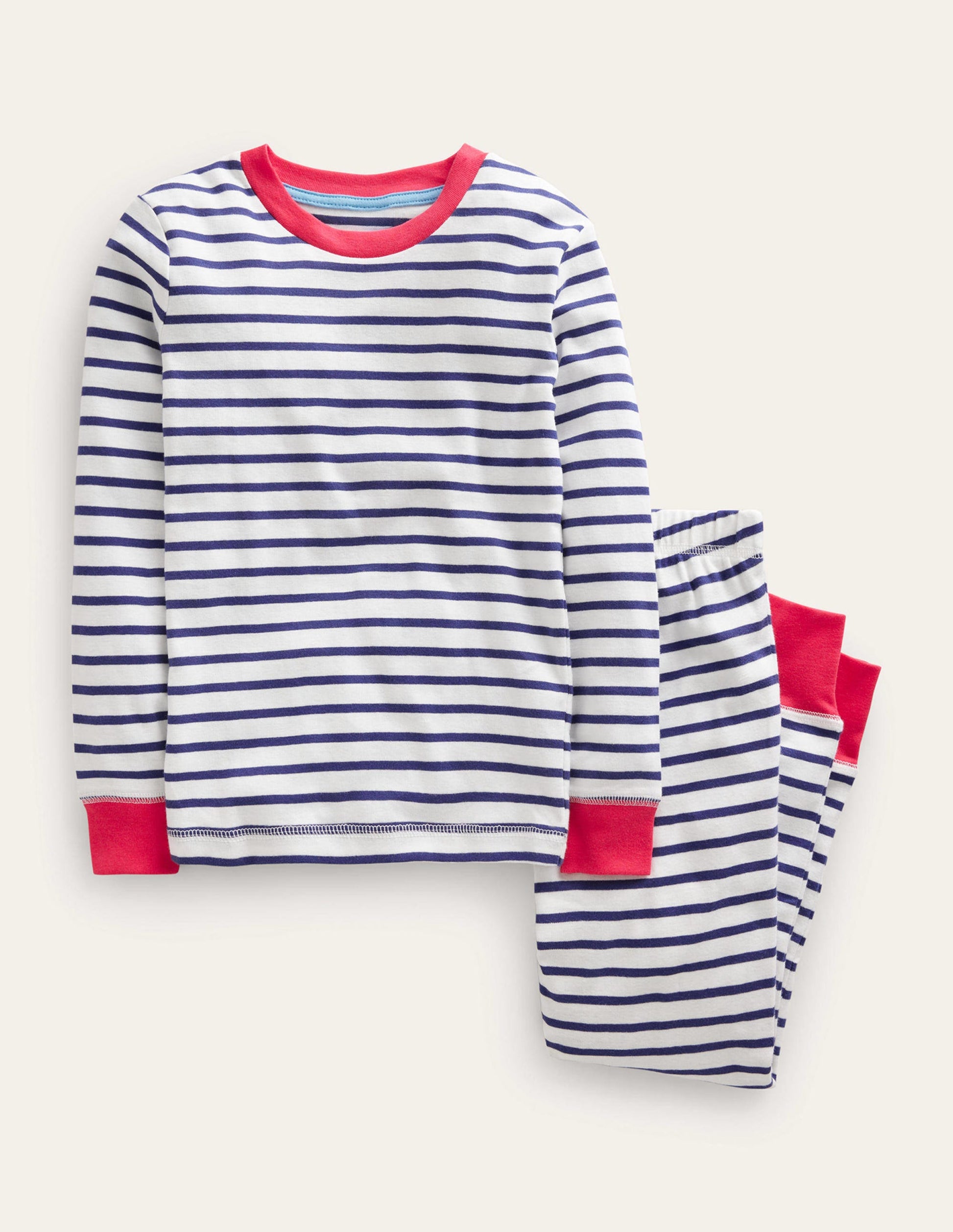 Snug Striped Long John Pyjamas-Ivory/Navy Breton-1