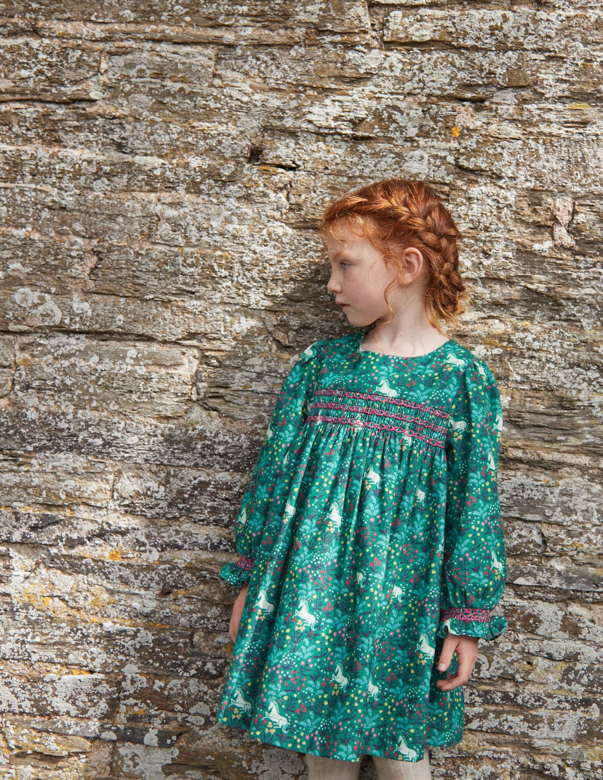 Cord Smocked Dress-Deep Green Unicorn Meadow - Image 4