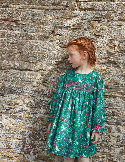 Cord Smocked Dress-Deep Green Unicorn Meadow-4