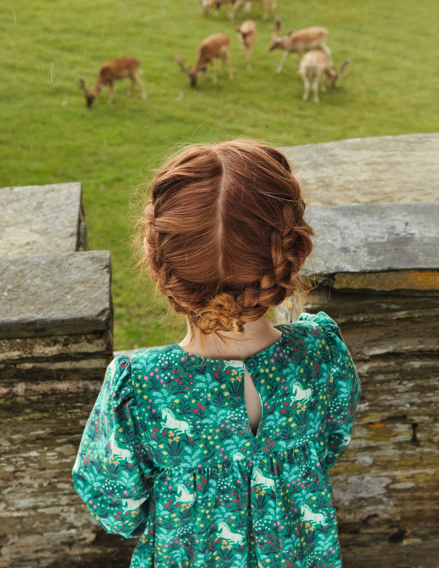 Cord Smocked Dress-Deep Green Unicorn Meadow
