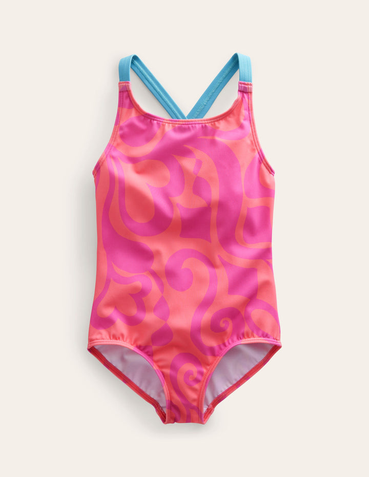 Cross-back Printed Swimsuit-Peach Punch Summer Stencil