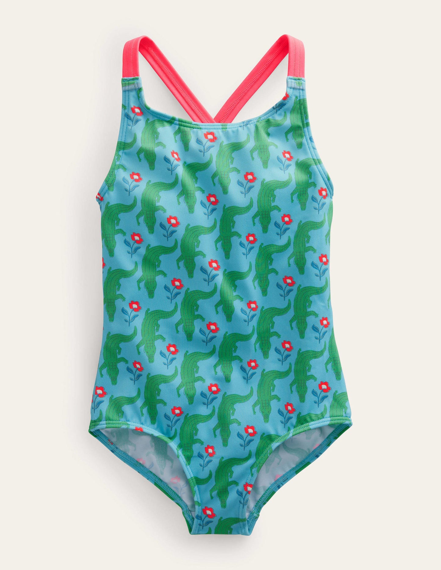 Cross-back Printed Swimsuit-Aqua Crocodile Woodblock