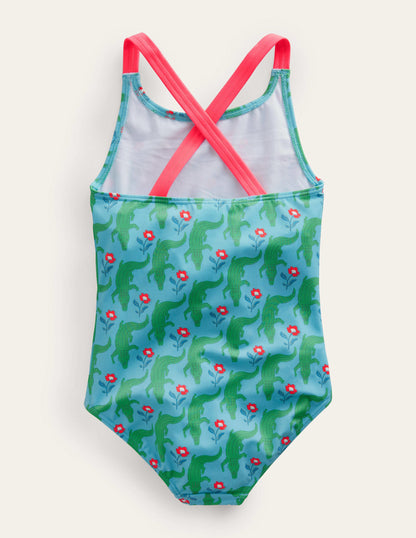 Cross-back Printed Swimsuit-Aqua Crocodile Woodblock-2
