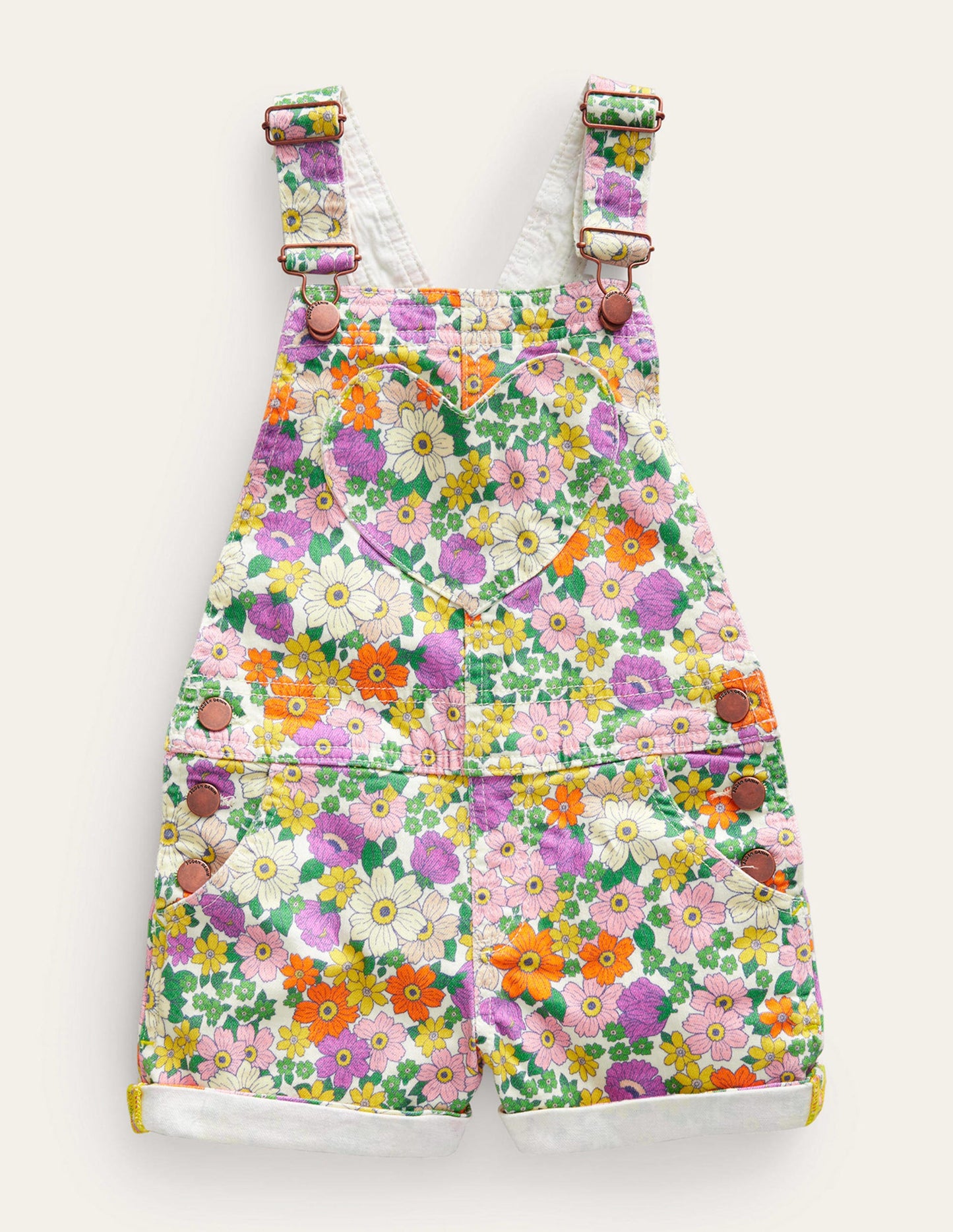 Heart Pocket Short Dungarees-Ivory & Purple Caravan Floral