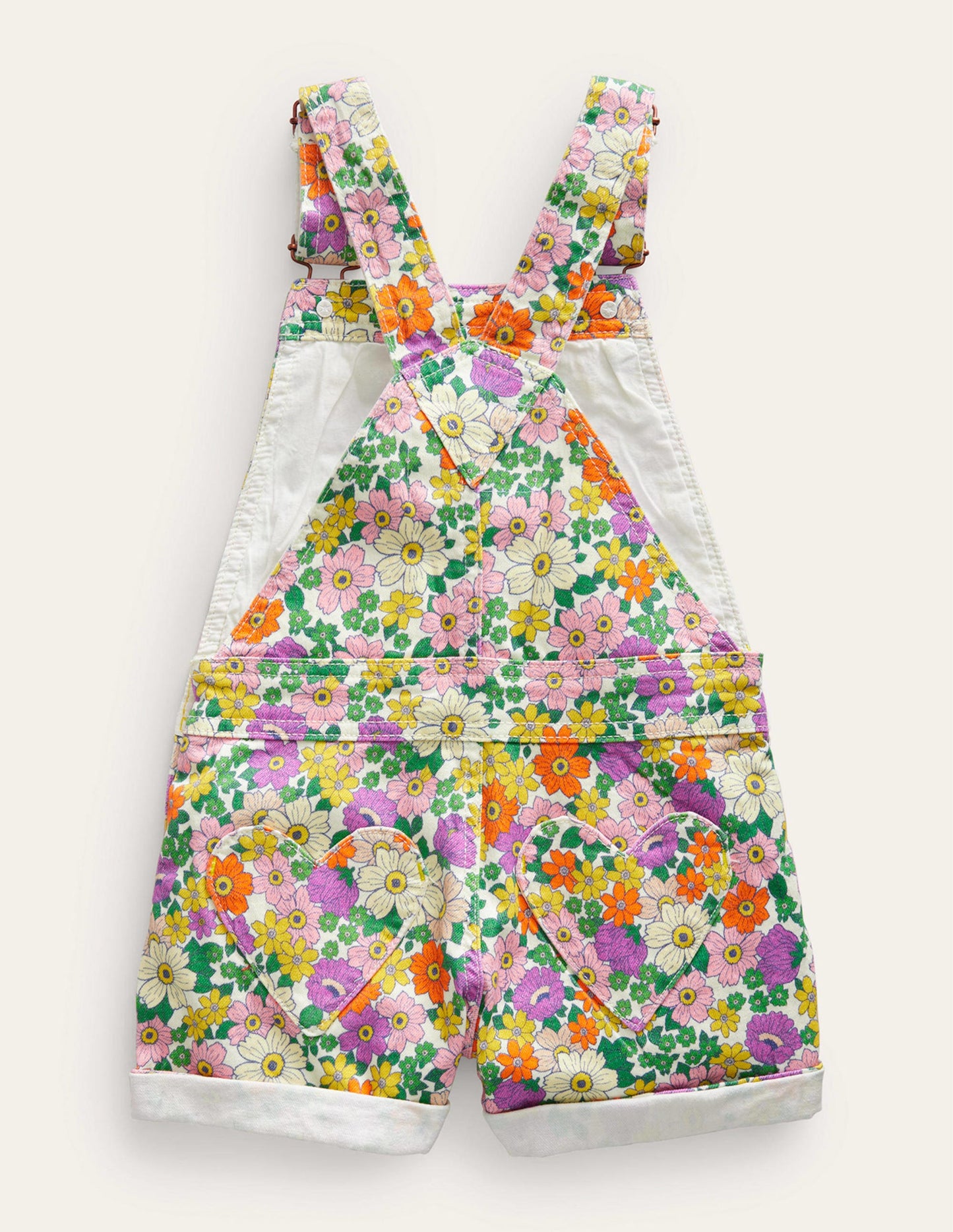 Heart Pocket Short Dungarees-Ivory & Purple Caravan Floral