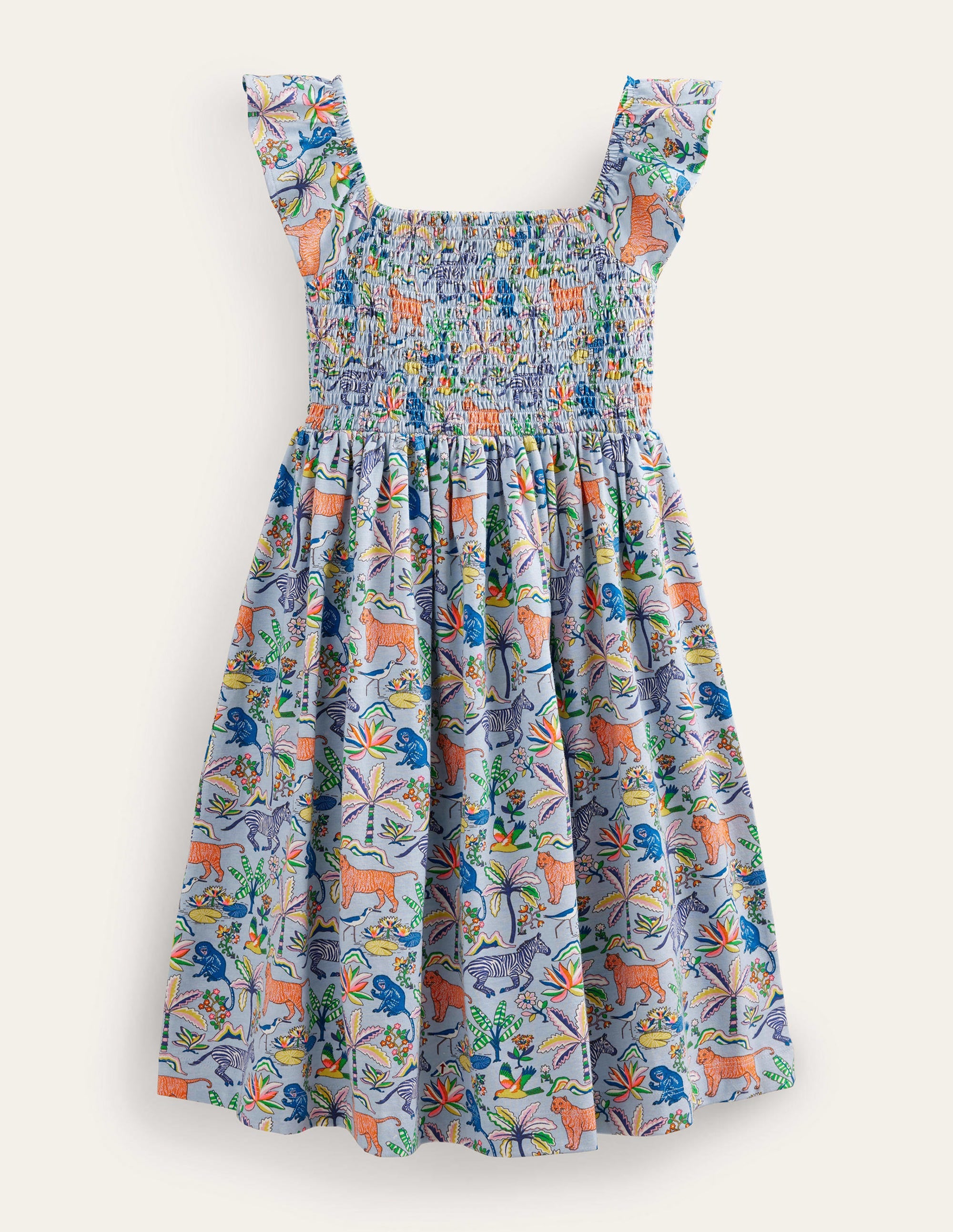 Shirred Jersey Dress-Surf Blue Tropical Garden - Image 1