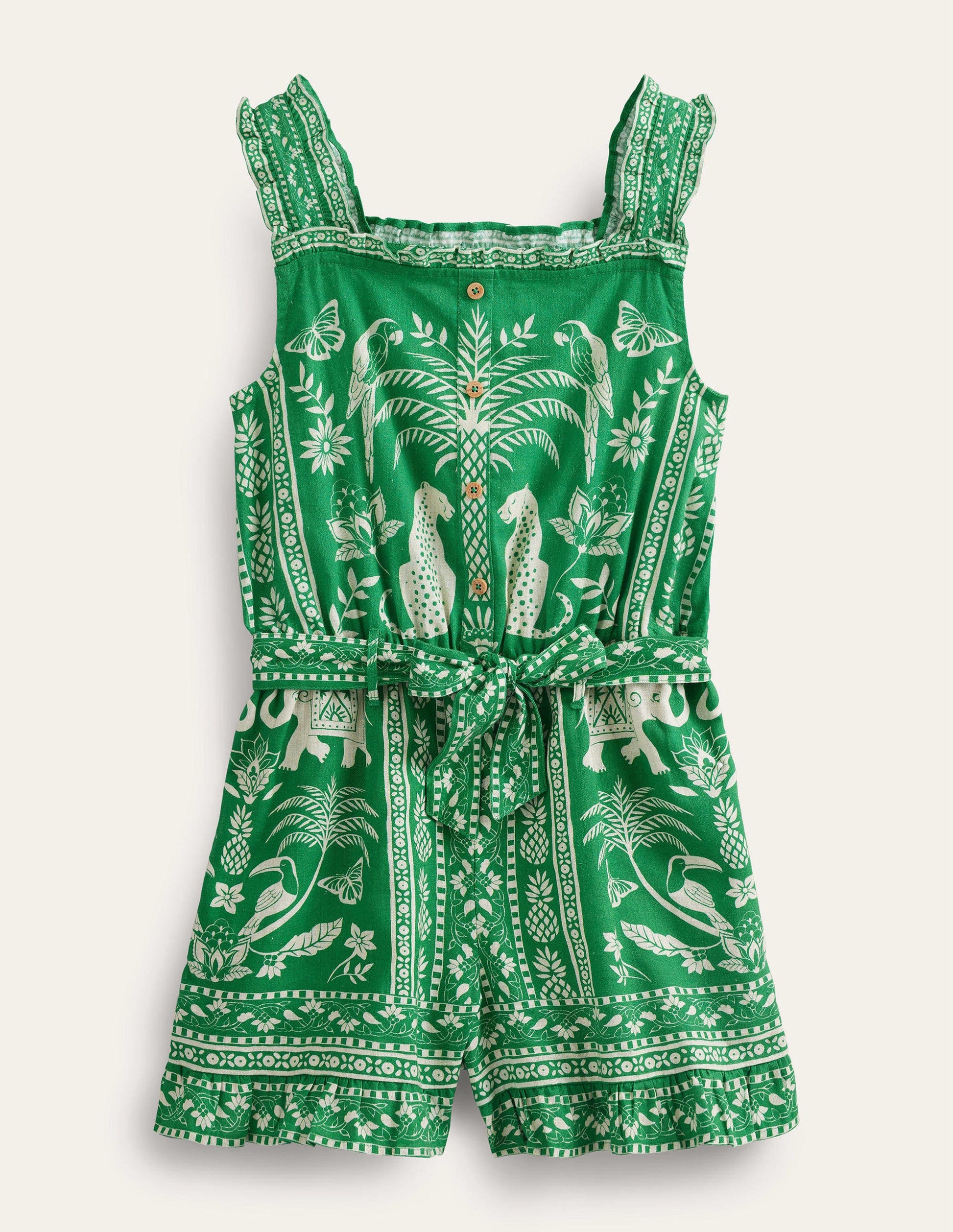 Linen-Cotton Ruffle Playsuit-Rich Emerald Goa-1