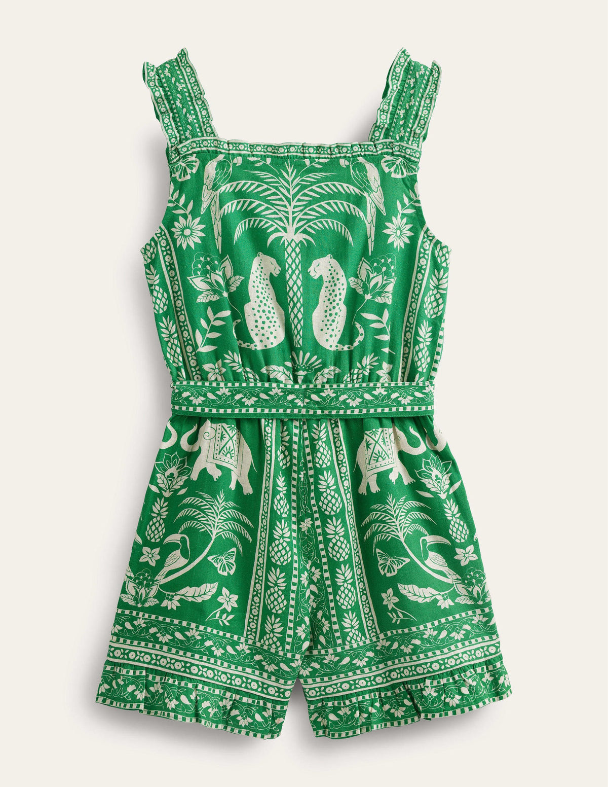 Linen-Cotton Ruffle Playsuit-Rich Emerald Goa-2