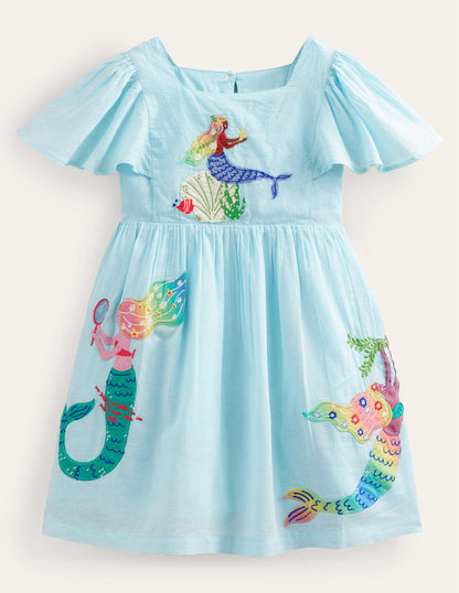 Flutter-Sleeve Appliqué Dress-Iced Aqua Mermaids-3