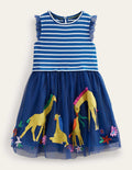 Tulle Mix Appliqué Dress-Sapphire & Vanilla Stripe