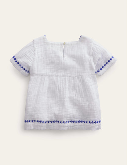 Embroidered Trim Top-White-2