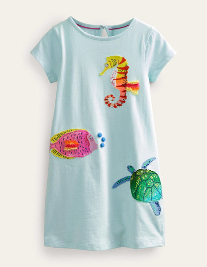 Applique T-Shirt Dress-Iced Aqua Blue-1