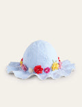 Wide Brimmed Hat-Blue Stripe Flowers
