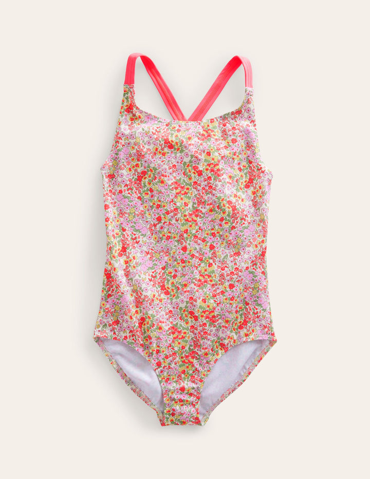 Cross-back Printed Swimsuit-Spring Time Floral