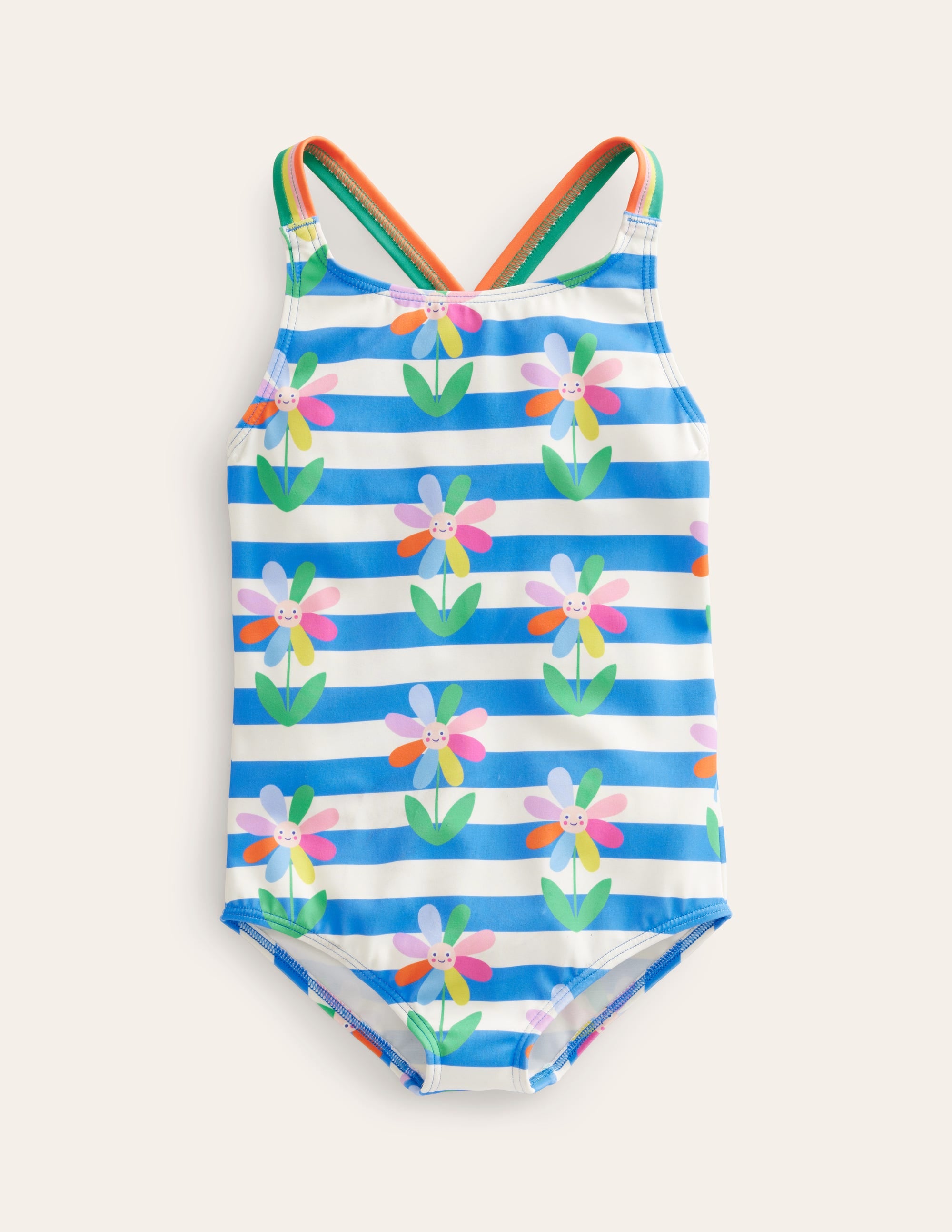 Cross-back Printed Swimsuit-Cabana Blue Daisy Stripe - Image 1