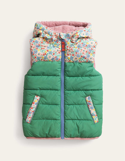 Borg Mix Reversible Gilet-Deep Grass Green Floral-1