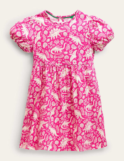 Puff Sleeve Jersey Dress-Tickled Pink Dinosaur Toile-1