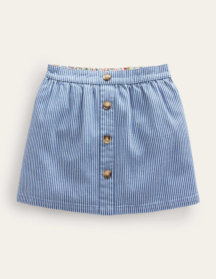 Denim Button Through Skirt-Indigo Ticking