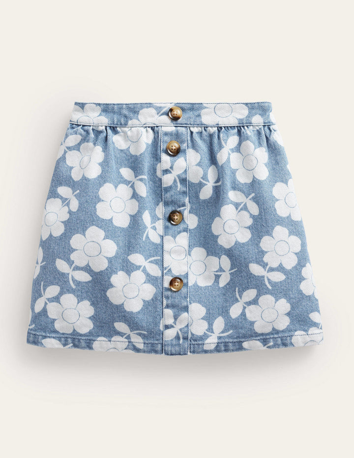 Denim Button Through Skirt-Denim Flower