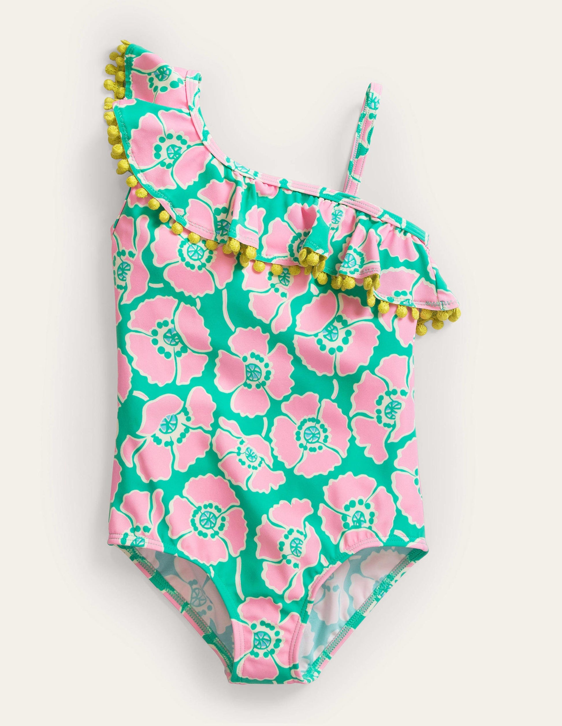 Frilly One Shoulder Swimsuit-Lilac/Green Poppies-1