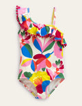 Frilly One Shoulder Swimsuit-Ivory and Multi Floral