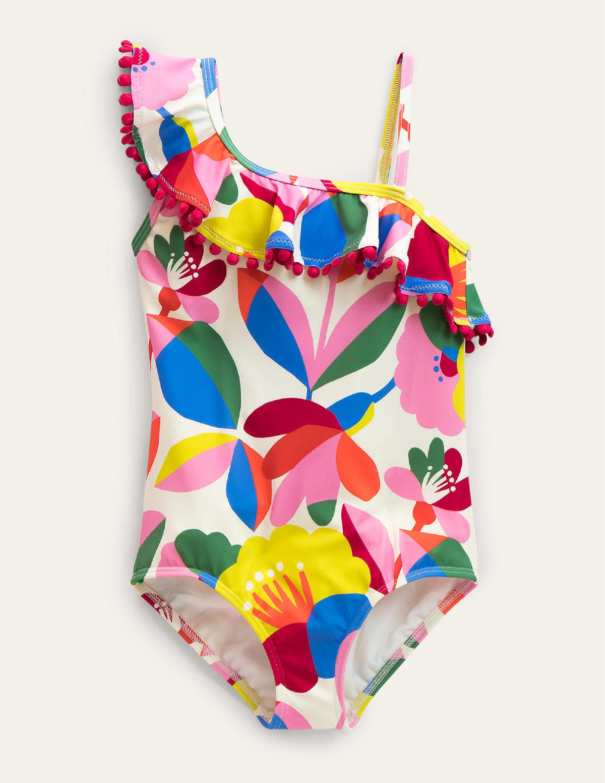 Frilly One Shoulder Swimsuit-Ivory and Multi Floral-1