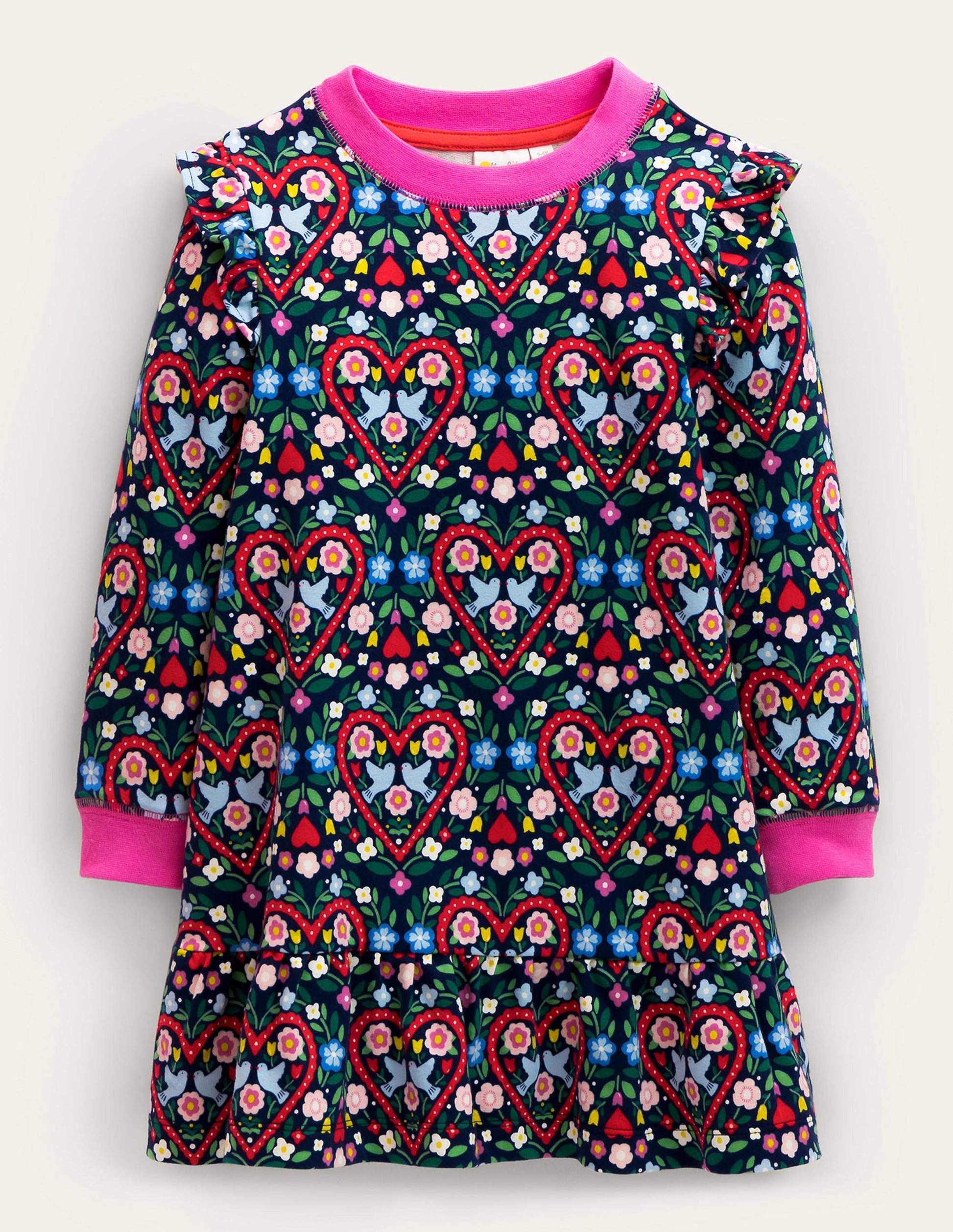 Cosy Sweat Dress-College Navy Folk Hearts-1