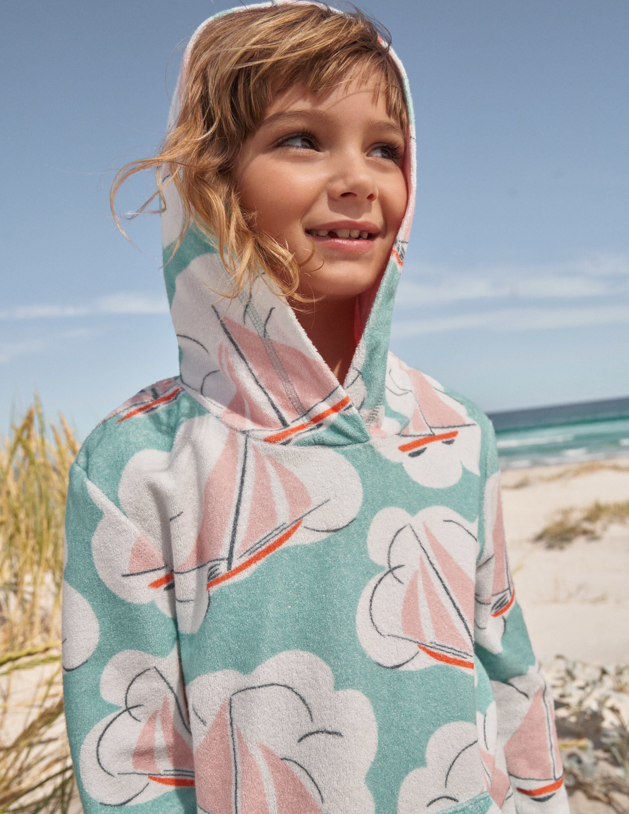 Pattern Towelling Beach Dress-Aqua Sea Blue Boats - Image 4