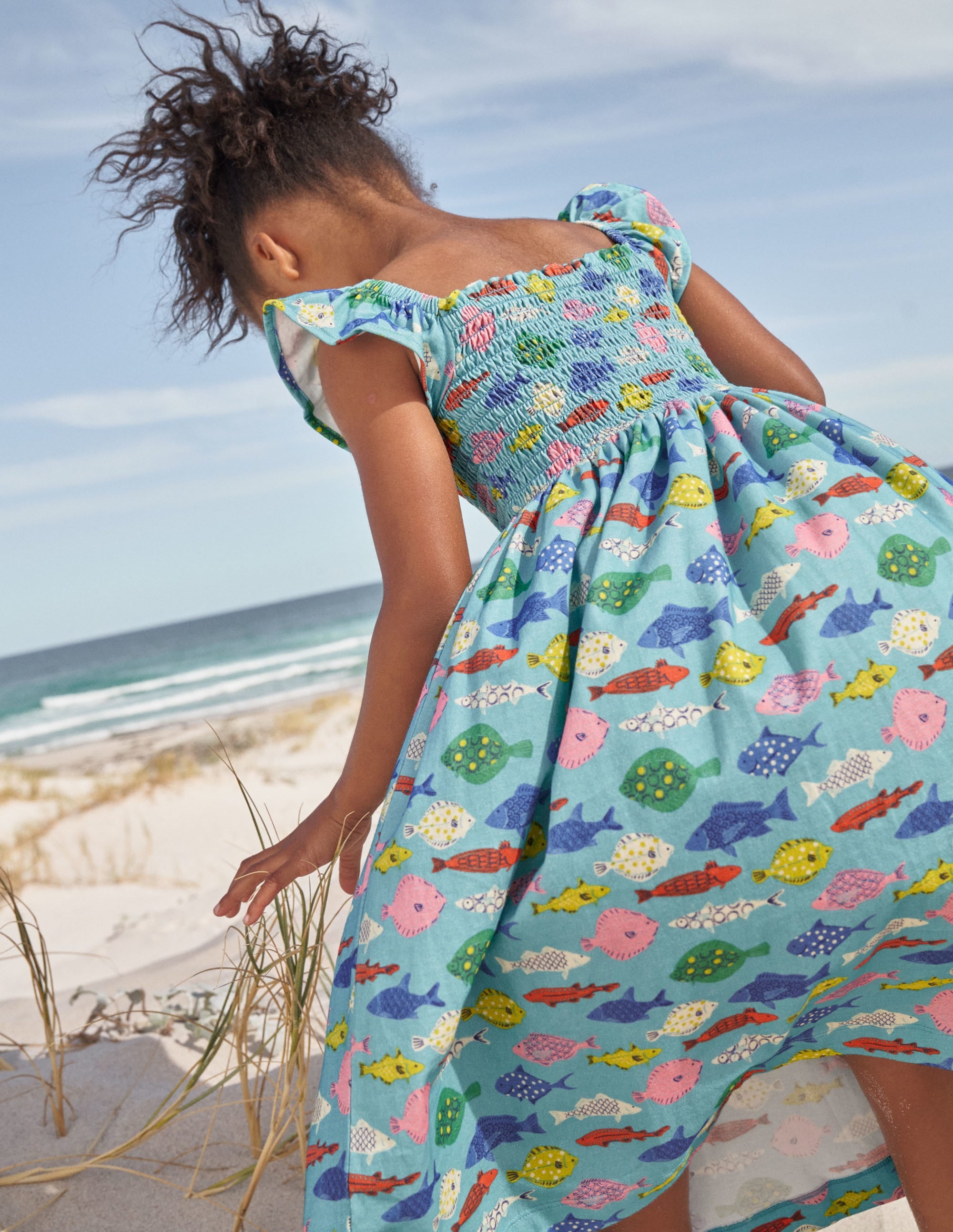 Shirred Jersey Dress-Aqua Sea Blue Fish - Image 4