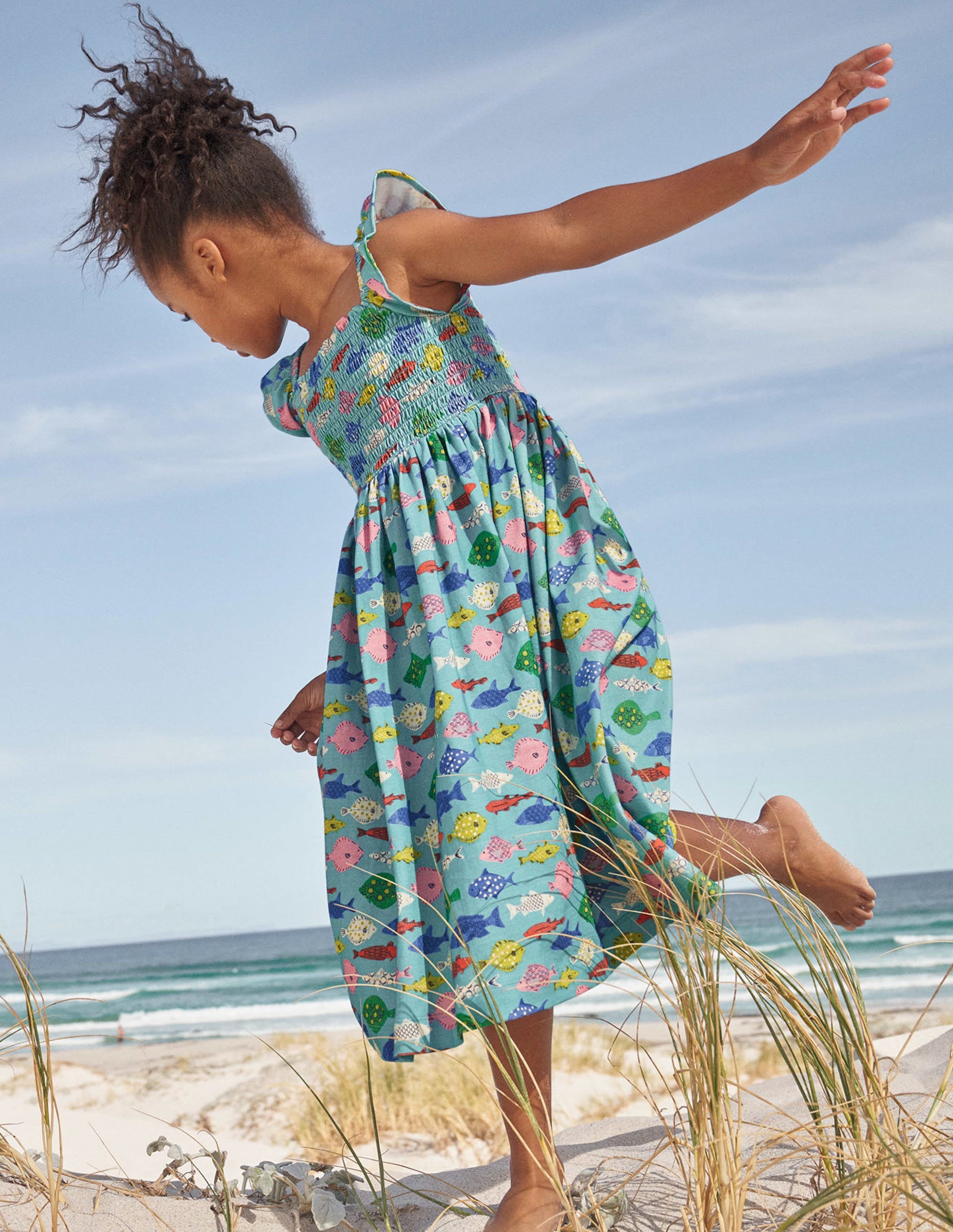Shirred Jersey Dress-Aqua Sea Blue Fish - Image 6