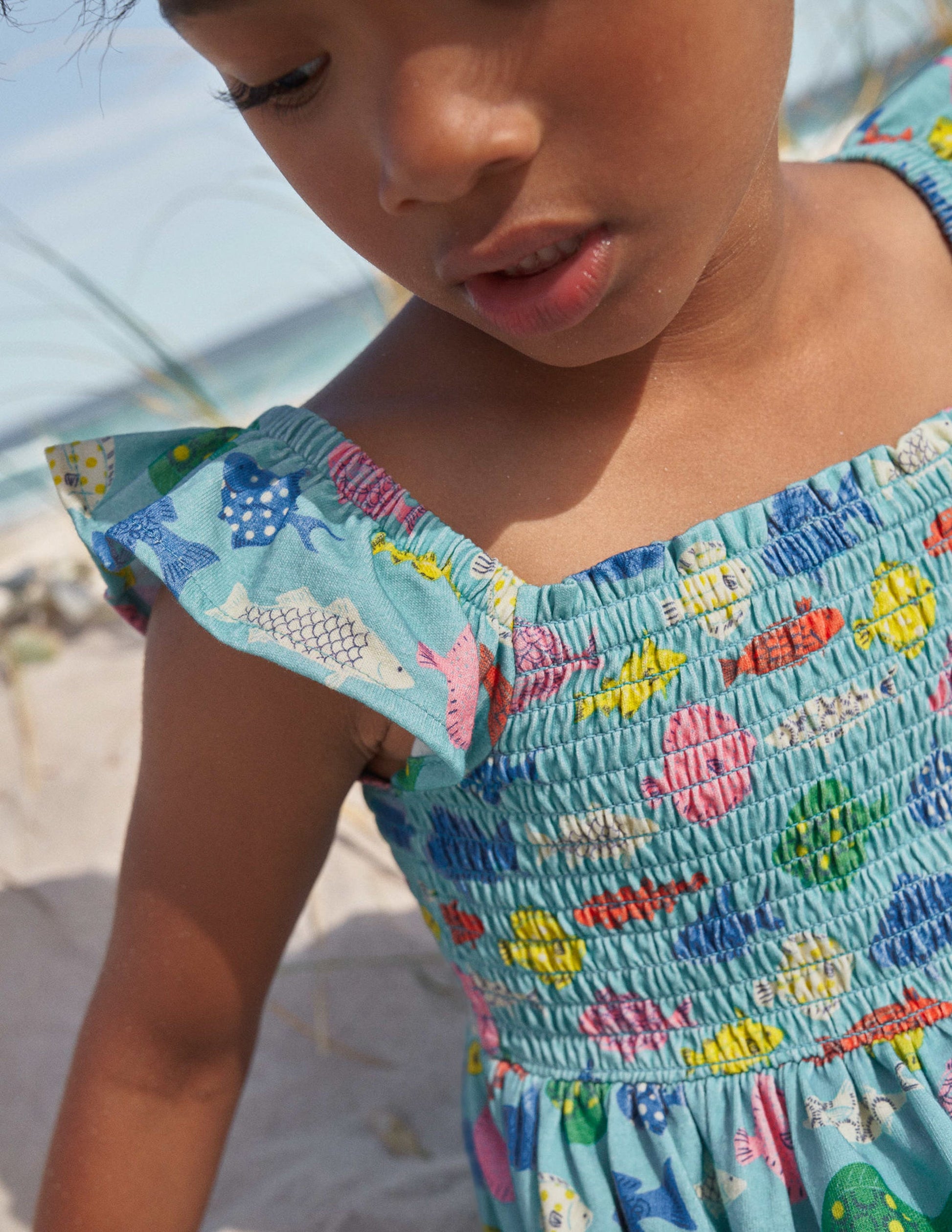 Shirred Jersey Dress-Aqua Sea Blue Fish-7