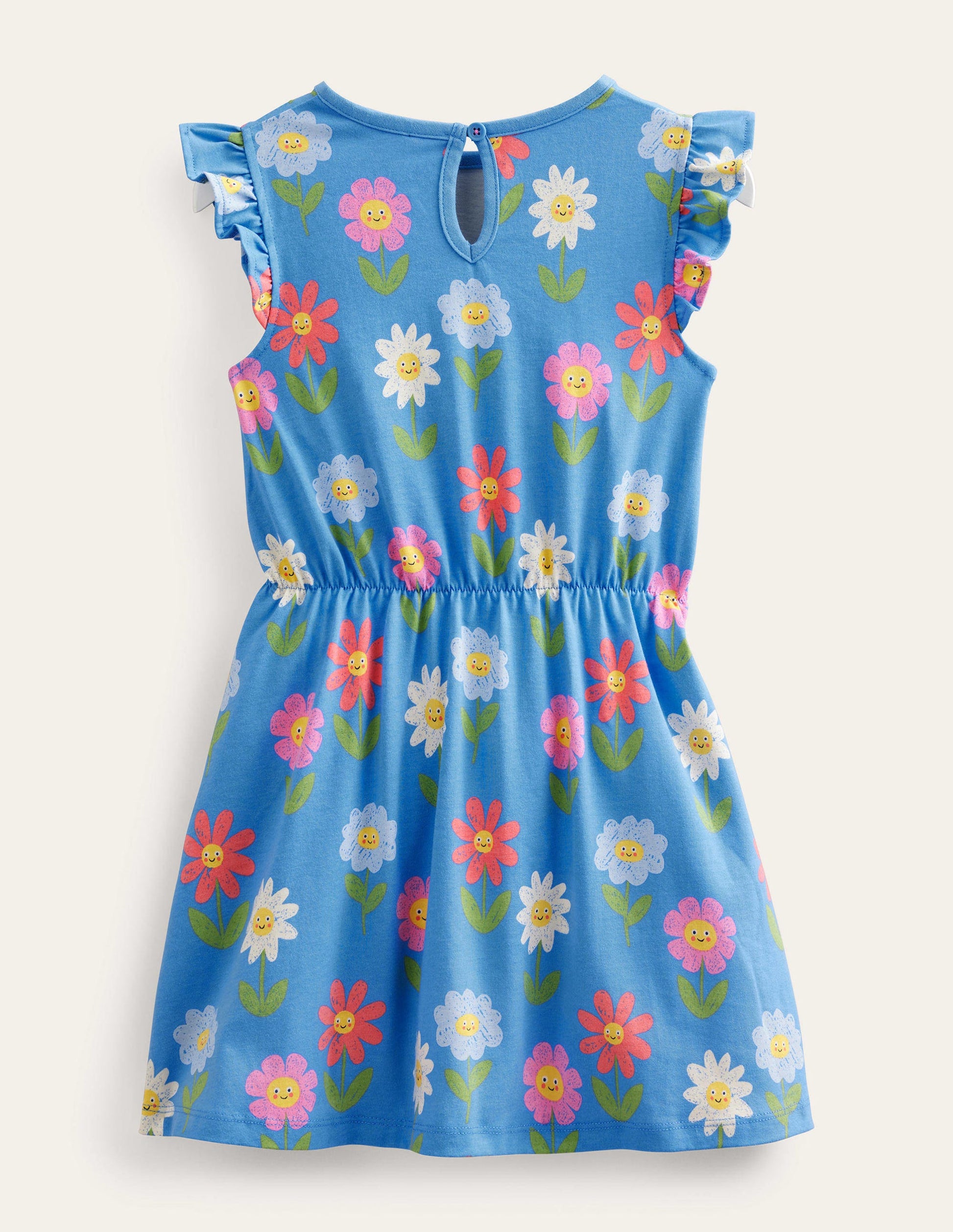 Frill Sleeve Jersey Dress-Penzance Blue Flowers-3
