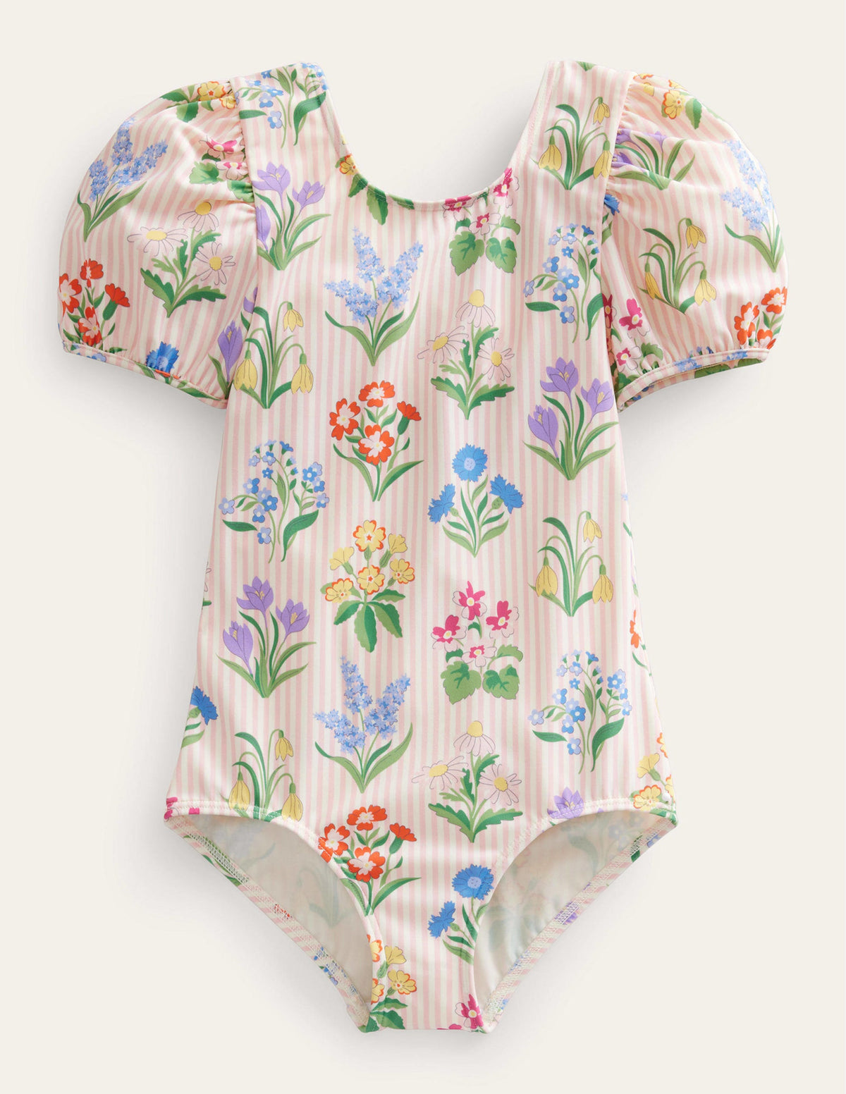 Printed Puff-sleeved Swimsuit-Pink Ticking Stripe Flowers-1