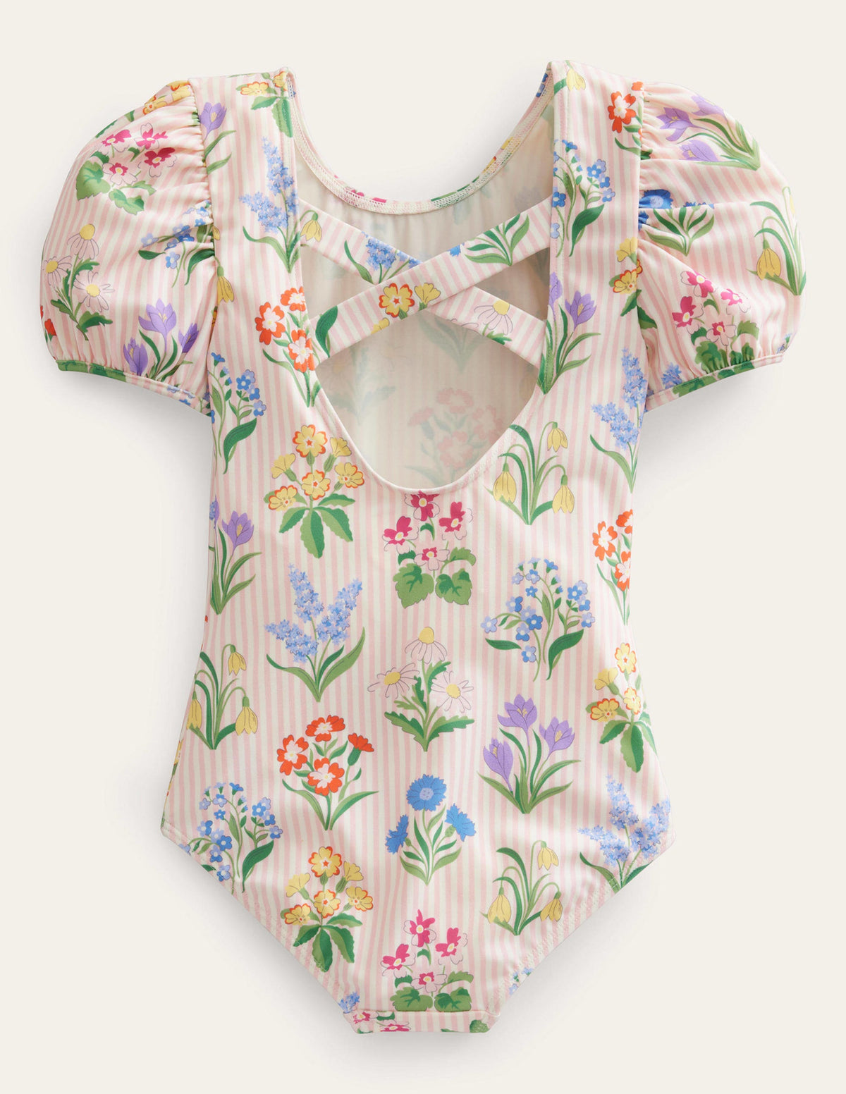 Printed Puff-sleeved Swimsuit-Pink Ticking Stripe Flowers-2